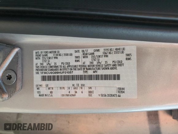 2017 Ford Escape SE z VIN 1FMCU9G99HUF01057, wystawiony jako Copart lot #60351695 z przebiegiem Nie podano mil oraz Czysty tytuł • Clean title. Historia ofert i sprzedaży dostępna na DreamBid. Obrazek 12.