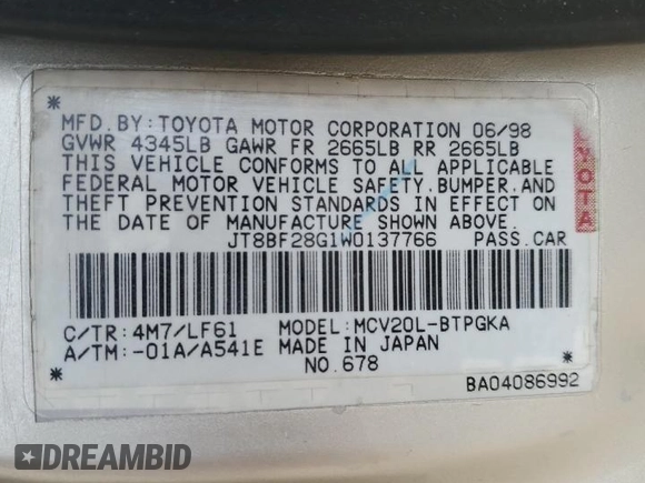 1998 Lexus ES 300 с VIN JT8BF28G1W0137766, выставлен на аукционе Copart как лот 44849085 с пробегом 216 101 миль миль и Чистый • Clean title. История ставок и продаж доступна на DreamBid. Изображение 12.