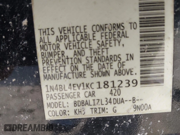 2019 Nissan Altima 2.5 SL with VIN 1N4BL4EV1KC181239, listed as a IAAI auction lot 41429404 with 69,978 mi miles. Bid and sale history available at carsss.com. Image 9.