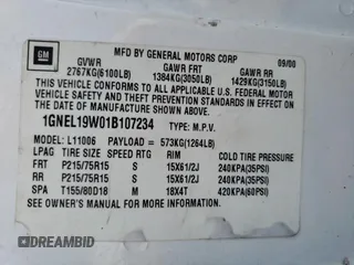 2001 Chevrolet Astro with VIN 1GNEL19W01B107234, listed as a Copart auction lot 64894784 with 190,292 mi miles and Clean Title. Bid and sale history available at carsss.com. Image 13.