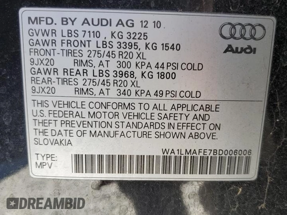 2011 Audi Q7 Premium Plus with VIN WA1LMAFE7BD006006, listed as a Copart auction lot 49928585 with 149,059 mi miles and Clean title. Bid and sale history available at DreamBid. Image 13.