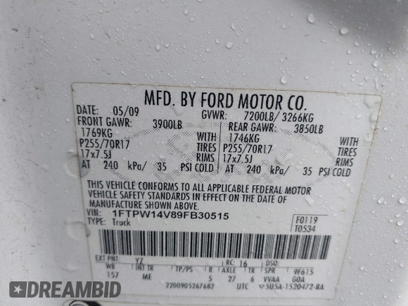 2009 Ford F-150 XL with VIN 1FTPW14V89FB30515, listed as a IAAI auction lot 41210636 with 220,187 mi miles. Bid and sale history available at carsss.com. Image 9.