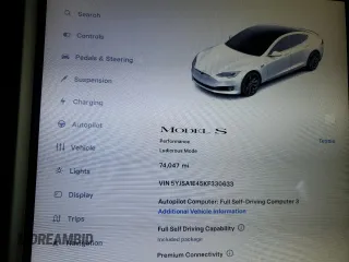2019 Tesla Model S 100D with VIN 5YJSA1E45KF330633, listed as a Copart auction lot 49329745 with 74,047 mi miles and Salvage title. Bid and sale history available at DreamBid. Image 9.