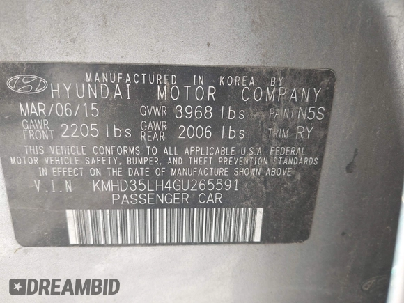 2016 Hyundai Elantra with VIN KMHD35LH4GU265591, listed as a IAAI auction lot 42040731 with 137,679 mi miles and . Bid and sale history available at DreamBid. Image 9.
