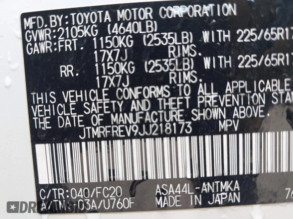 2018 Toyota RAV4 XLE with VIN JTMRFREV9JJ218173, listed as a IAAI auction lot 42037959 with 91,056 mi miles. Bid and sale history available at carsss.com. Image 9.
