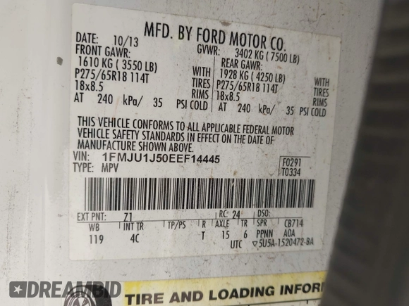 2014 Ford Expedition King Ranch with VIN 1FMJU1J50EEF14445, listed as a IAAI auction lot 42571073 with 125,174 mi miles and . Bid and sale history available at DreamBid. Image 9.