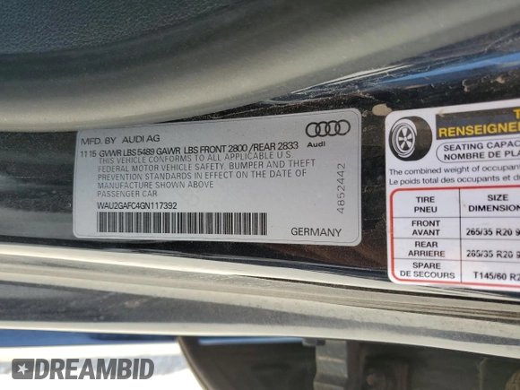 2016 Audi A7 Prestige с VIN WAU2GAFC4GN117392, выставлен на аукционе Copart как лот 57052895 с пробегом Не указан миль и Чистый • Clean title. История ставок и продаж доступна на DreamBid. Изображение 13.