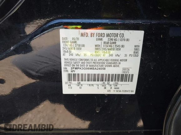 2021 Ford Edge SE with VIN 2FMPK3G98MBA24058, listed as a IAAI auction lot 42009515 with 175,478 mi miles and . Bid and sale history available at DreamBid. Image 9.