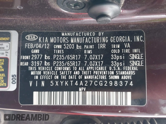2012 Kia Sorento LX with VIN 5XYKT4A27CG298374, listed as a IAAI auction lot 41711273 with 179,008 mi miles. Bid and sale history available at carsss.com. Image 9.