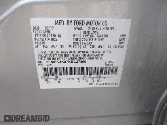 2019 Ford Edge Titanium with VIN 2FMPK4K97KBC27890, listed as a IAAI auction lot 41553163 with 103,750 mi miles. Bid and sale history available at carsss.com. Image 9.