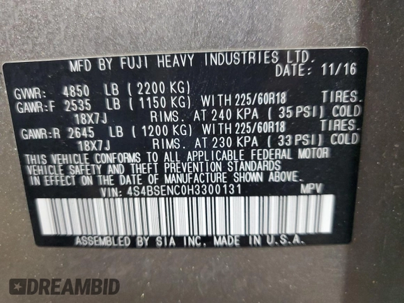 2017 Subaru Outback Limited with VIN 4S4BSENC0H3300131, listed as a Copart auction lot 59600195 with 97,306 mi miles and Salvage title. Bid and sale history available at DreamBid. Image 14.