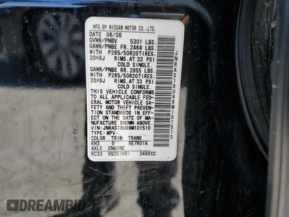 2009 Infiniti FX with VIN JNRAS18U99M101510, listed as a Copart auction lot 56075925 with 224,277 mi miles and Salvage title. Bid and sale history available at DreamBid. Image 13.