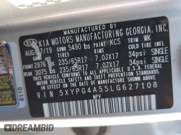 2020 Kia Sorento LX V6 with VIN 5XYPG4A55LG627108, listed as a Copart auction lot 49241195 with 226,504 mi miles and Salvage Title. Bid and sale history available at carsss.com. Image 13.