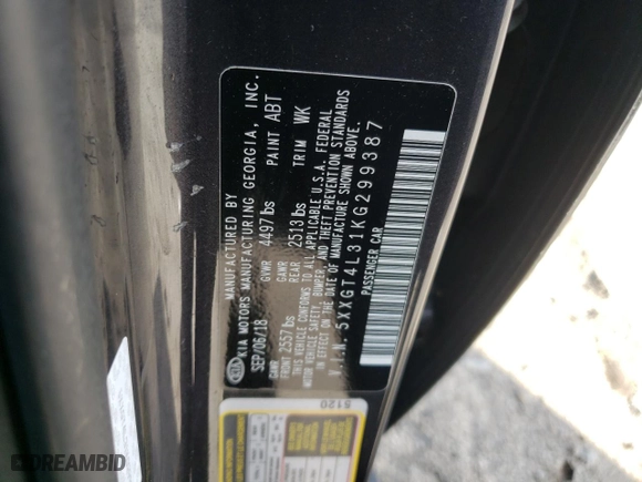 2019 Kia Optima LX with VIN 5XXGT4L31KG299387, listed as a Copart auction lot 50360365 with 0 mi miles and Salvage Title. Bid and sale history available at carsss.com. Image 13.