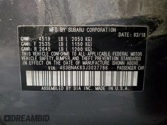 2018 Subaru Legacy Limited with VIN 4S3BNAK63J3037786, listed as a Copart auction lot 56264754 with 75,906 mi miles and Salvage Title. Bid and sale history available at DreamBid. Image 13.