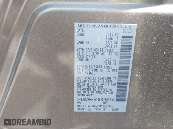 2014 Nissan Pathfinder SV z VIN 5N1AR2MMXEC639636, wystawiony jako IAAI lot #42475668 z przebiegiem 184 578 mil mil oraz . Historia ofert i sprzedaży dostępna na DreamBid. Obrazek 9.