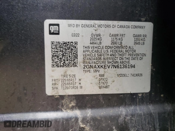 2022 Chevrolet Equinox LT z VIN 2GNAXKEV7N6136194, wystawiony jako Copart lot #50752925 z przebiegiem 46 749 mil mil oraz Szkoda całkowita • Salvage title. Historia ofert i sprzedaży dostępna na DreamBid. Obrazek 12.