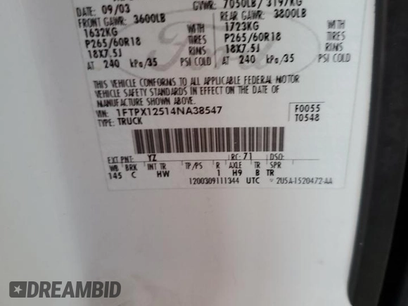 2004 Ford F-150 XL z VIN 1FTPX12514NA38547, wystawiony jako Copart lot #56968744 z przebiegiem 166 064 mil mil oraz Szkoda całkowita • Salvage title. Historia ofert i sprzedaży dostępna na DreamBid. Obrazek 12.