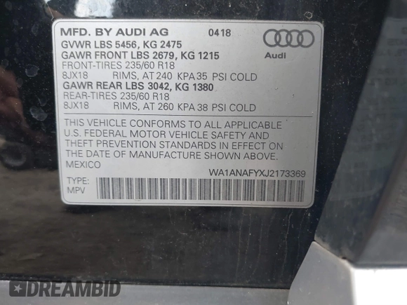 2018 Audi Q5 Premium with VIN WA1ANAFYXJ2173369, listed as a IAAI auction lot 41718714 with 60,578 mi miles and . Bid and sale history available at DreamBid. Image 9.
