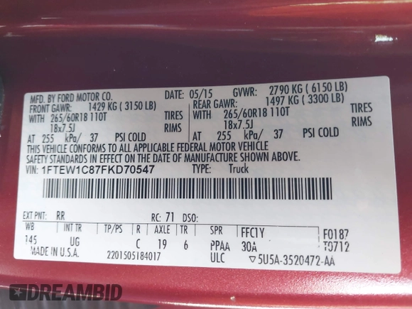 2015 Ford F-150 XLT with VIN 1FTEW1C87FKD70547, listed as a IAAI auction lot 41451841 with 151,596 mi miles and . Bid and sale history available at carsss.com. Image 9.