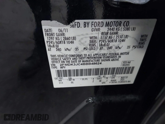 2011 Ford Edge SEL with VIN 2FMDK3JC4BBB48624, listed as a IAAI auction lot 41780799 with 218,750 mi miles. Bid and sale history available at carsss.com. Image 9.