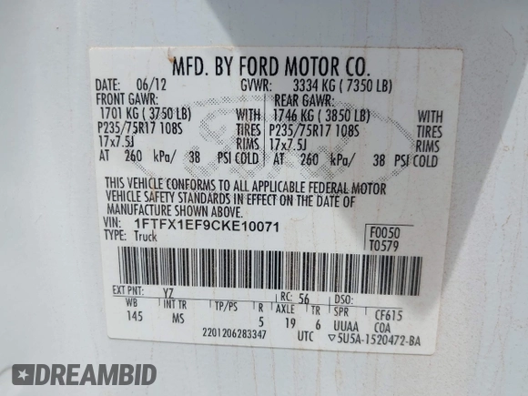 2012 Ford F-150 XL with VIN 1FTFX1EF9CKE10071, listed as a IAAI auction lot 42467147 with 215,509 mi miles and . Bid and sale history available at DreamBid. Image 9.