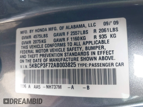 2010 Honda Accord EX z VIN 5KBCP3F72AB003825, wystawiony jako IAAI lot #40726431 z przebiegiem 172 626 mil mil oraz . Historia ofert i sprzedaży dostępna na DreamBid. Obrazek 9.