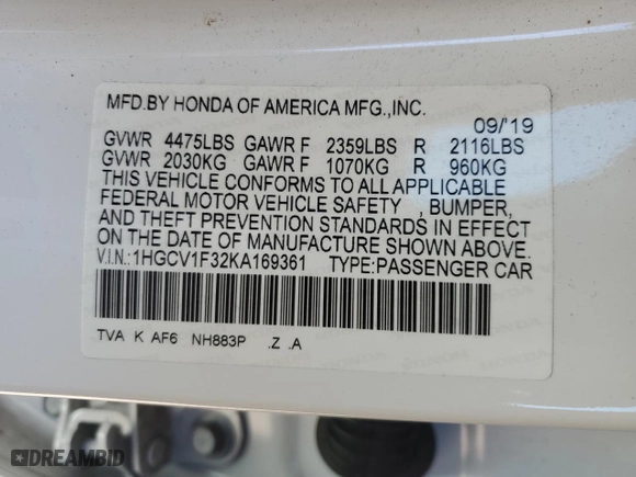 2019 Honda Accord Sedan Sport 1.5T with VIN 1HGCV1F32KA169361, listed as a Copart auction lot 50011325 with 41,712 mi miles and Salvage Title. Bid and sale history available at carsss.com. Image 12.