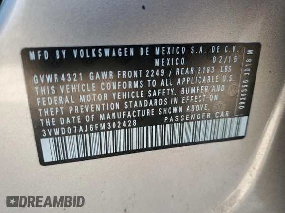2015 Volkswagen Jetta Sedan 1.8T SE with VIN 3VWD07AJ6FM302428, listed as a Copart auction lot 48580005 with 95,836 mi miles and Salvage Title. Bid and sale history available at carsss.com. Image 12.