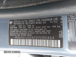 2003 BMW 3 Series 325xi with VIN WBAEU33433PH90464, listed as a IAAI auction lot 41994953 with 220,522 mi miles and . Bid and sale history available at DreamBid. Image 9.
