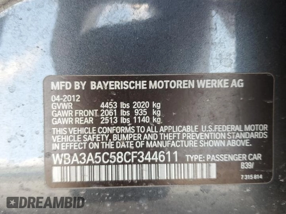 2012 BMW 3 Series 328i with VIN WBA3A5C58CF344611, listed as a Copart auction lot 50966915 with 114,900 mi miles and Salvage Title. Bid and sale history available at DreamBid. Image 15.