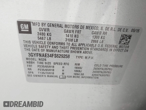 2015 Cadillac SRX with VIN 3GYFNAE34FS629258, listed as a IAAI auction lot 41788601 with 56,939 mi miles and . Bid and sale history available at DreamBid. Image 9.