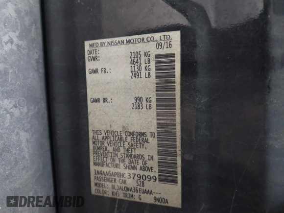 2017 Nissan Maxima SV with VIN 1N4AA6AP8HC379099, listed as a IAAI auction lot 41328091 with 226,511 mi miles and . Bid and sale history available at DreamBid. Image 9.