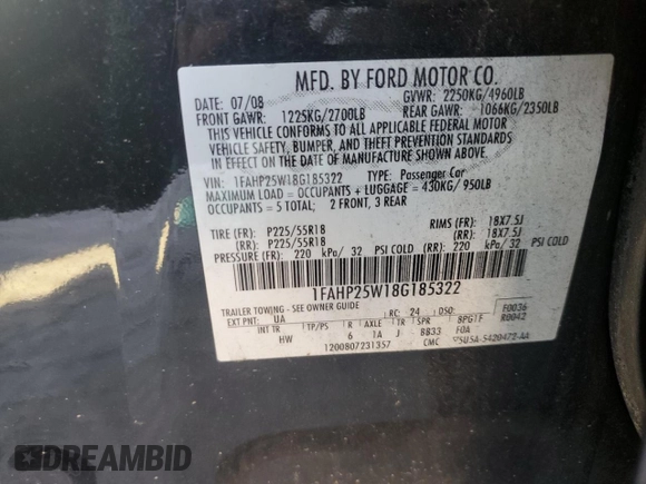 2008 Ford Taurus Limited z VIN 1FAHP25W18G185322, wystawiony jako Copart lot #48683085 z przebiegiem 215 344 mil mil oraz Szkoda całkowita • Salvage title. Historia ofert i sprzedaży dostępna na DreamBid. Obrazek 13.