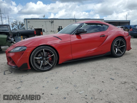2021 Toyota GR Supra 3.0 with VIN WZ1DB0C06MW034973, listed as a Copart auction lot 59901174 with 0 mi miles and Salvage Title. Bid and sale history available at carsss.com. Image 1.