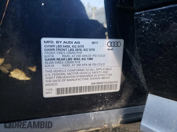 2018 Audi Q5 Premium Plus with VIN WA1BNAFY0J2040205, listed as a Copart auction lot 59352672 with 0 mi miles. Bid and sale history available at carsss.com. Image 10.