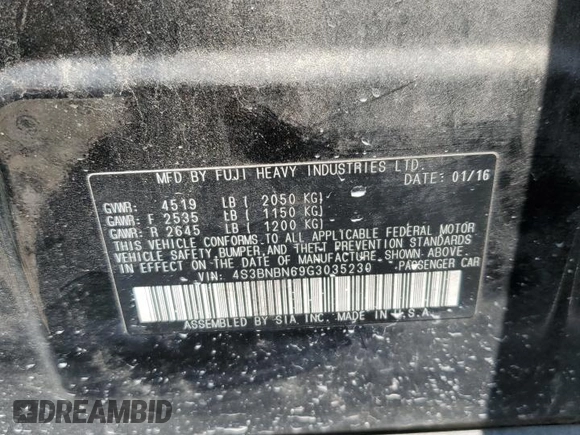 2016 Subaru Legacy Limited with VIN 4S3BNBN69G3035230, listed as a Copart auction lot 63239705 with 93,676 mi miles and Salvage title. Bid and sale history available at DreamBid. Image 12.
