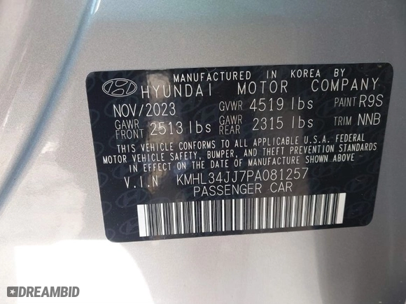 2023 Hyundai Sonata Hybrid SEL with VIN KMHL34JJ7PA081257, listed as a IAAI auction lot 41160978 with 12,057 mi miles. Bid and sale history available at carsss.com. Image 9.