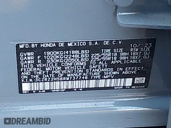 2024 Honda HR-V Sport with VIN 3CZRZ2H56RM737748, listed as a IAAI auction lot 41690108 with 12,342 mi miles. Bid and sale history available at carsss.com. Image 9.
