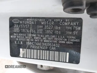 2017 Hyundai Accent Value Edition with VIN KMHCT4AE3HU363432, listed as a IAAI auction lot 41886785 with 150,021 mi miles and . Bid and sale history available at DreamBid. Image 9.