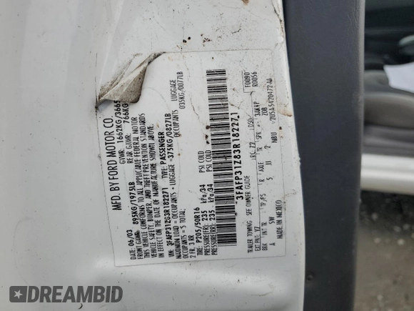 2003 Ford Focus ZX3 with VIN 3FAFP31Z83R182271, listed as a Copart auction lot 82415004 with 211,193 mi miles and Salvage title. Bid and sale history available at DreamBid. Image 12.