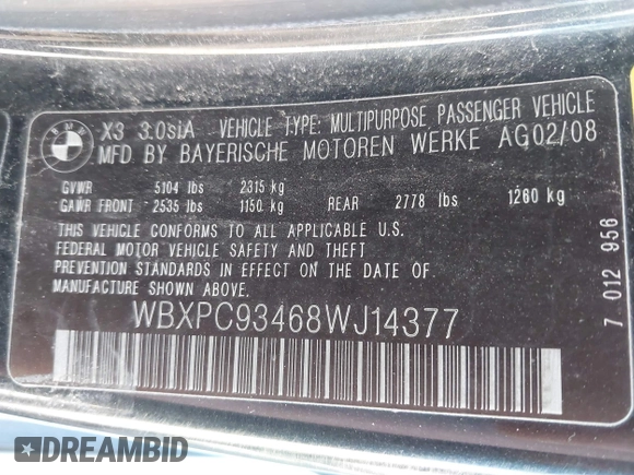 2008 BMW X3 3.0si with VIN WBXPC93468WJ14377, listed as a IAAI auction lot 41903462 with 71,756 mi miles and . Bid and sale history available at DreamBid. Image 9.