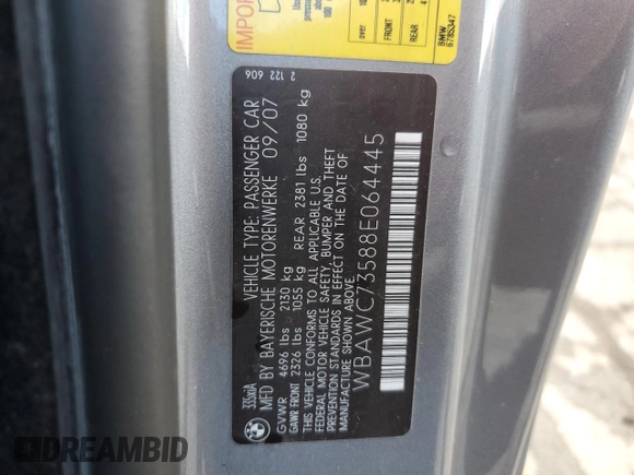 2008 BMW 3 Series 335xi with VIN WBAWC73588E064445, listed as a Copart auction lot 43639445 with 153,584 mi miles and Salvage Title. Bid and sale history available at carsss.com. Image 13.