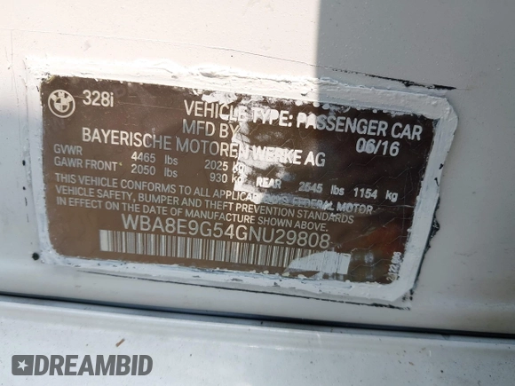 2016 BMW 3 Series 328i with VIN WBA8E9G54GNU29808, listed as a IAAI auction lot 42389903 with 76,138 mi miles and . Bid and sale history available at DreamBid. Image 9.