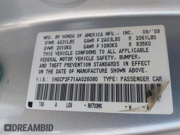 2010 Honda Accord EX with VIN 1HGCP2F71AA026080, listed as a IAAI auction lot 42612193 with 202,632 mi miles and . Bid and sale history available at DreamBid. Image 9.