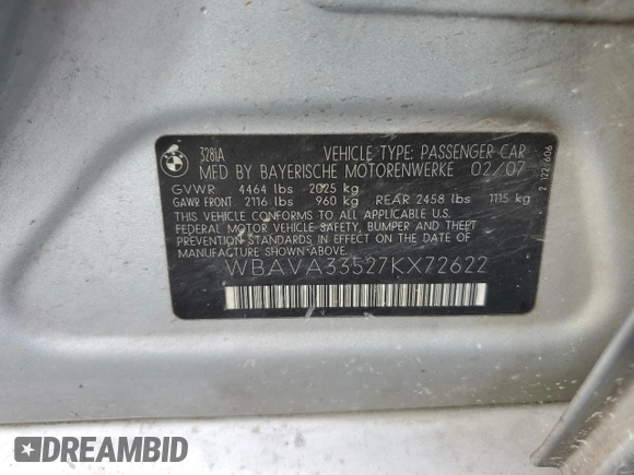2007 BMW 3 Series 328i with VIN WBAVA33527KX72622, listed as a Copart auction lot 56198505 with 220,384 mi miles and Salvage title. Bid and sale history available at DreamBid. Image 12.