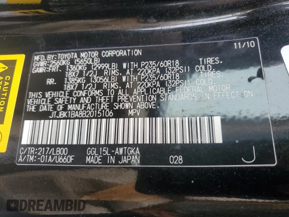 2011 Lexus RX 350 with VIN JTJBK1BA8B2015106, listed as a Copart auction lot 61424825 with 317,073 mi miles and Clean title. Bid and sale history available at DreamBid. Image 13.
