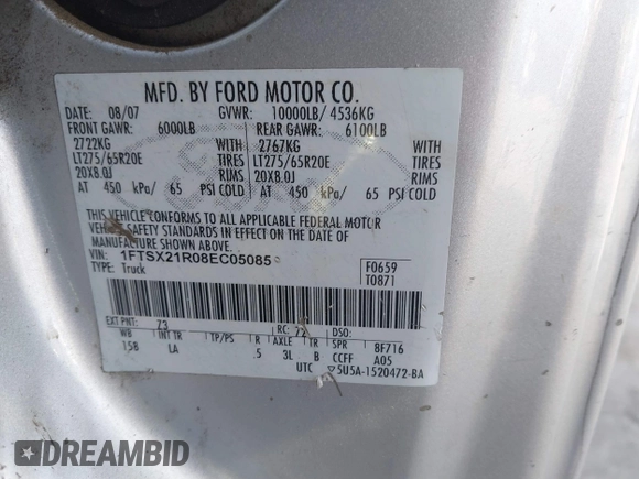 2008 Ford Super Duty F-250 SRW XL with VIN 1FTSX21R08EC05085, listed as a IAAI auction lot 41596775 with 1 mi miles. Bid and sale history available at carsss.com. Image 9.
