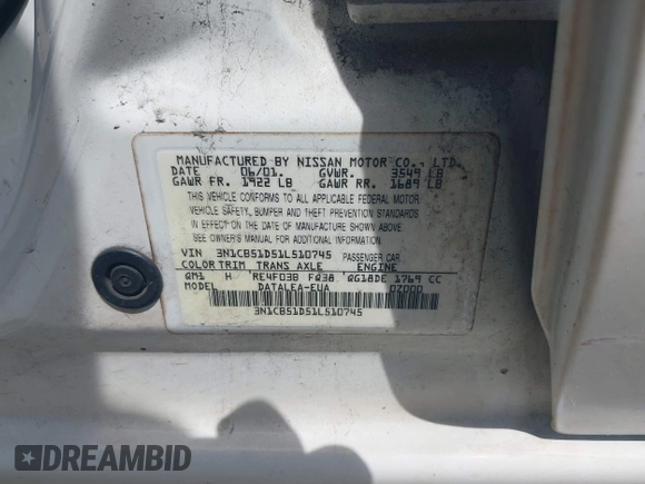 2001 Nissan Sentra GXE with VIN 3N1CB51D51L510745, listed as a IAAI auction lot 42096063 with 182,614 mi miles and . Bid and sale history available at DreamBid. Image 9.