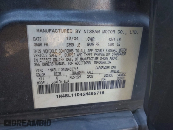2005 Nissan Altima 3.5 SE with VIN 1N4BL11D45N455716, listed as a IAAI auction lot 41658611 with 1 mi miles. Bid and sale history available at carsss.com. Image 9.